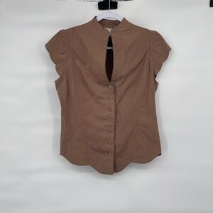 odille anthropologie brown short cap sleeve button up blouse